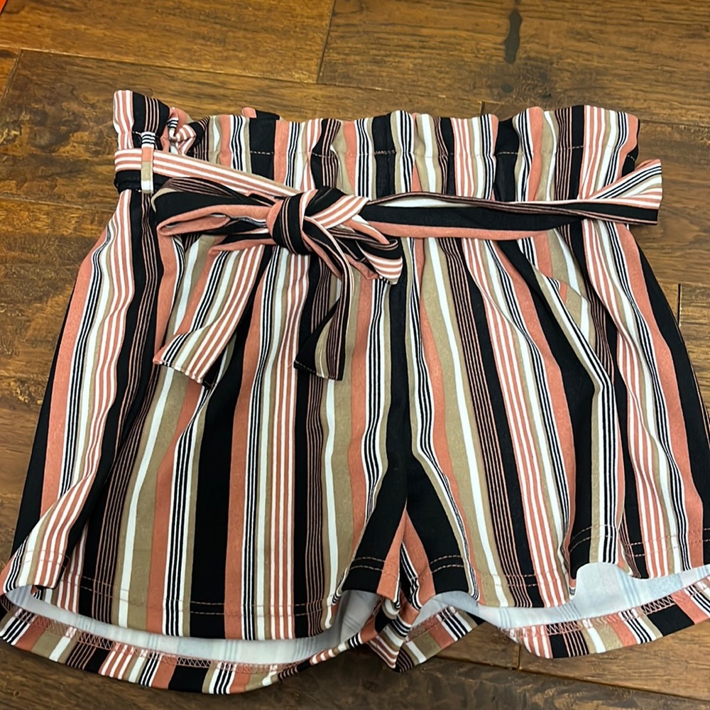 Striped bag shorts. Pink, white, black, and tan. Size small